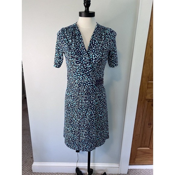 Lilly Pulitzer Womens size XS Blue Adalie Leopard Print Wrap Dress Short Sleeve - Picture 2 of 9
